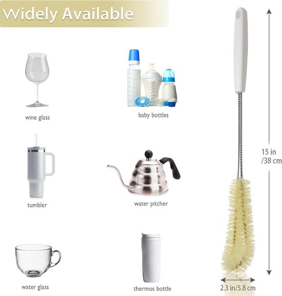 2-Pack 15,7 centimeter lange handgreep flesreinigingsborstels - Ideaal voor koffieglazen, potten, melkbekers, mokken, wijnflessen en babyflessen (Beige) — afbeelding 5