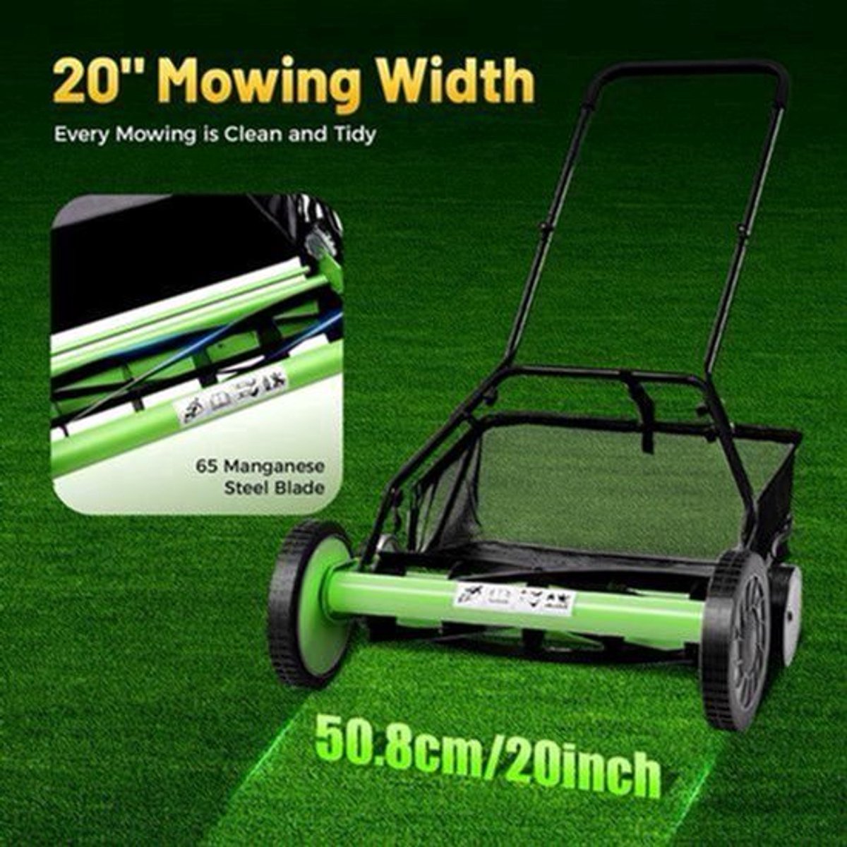 Handgrasmaaier – Handmaaier – Kooimesmaaier – Duwgrasmaaier – Gazonmaaier – 50,8 cm Maaibreedte – 9 Instelbare Maaihoogtes – 65-Mangaan Stalen Messen – Met Opvangzak – Groen