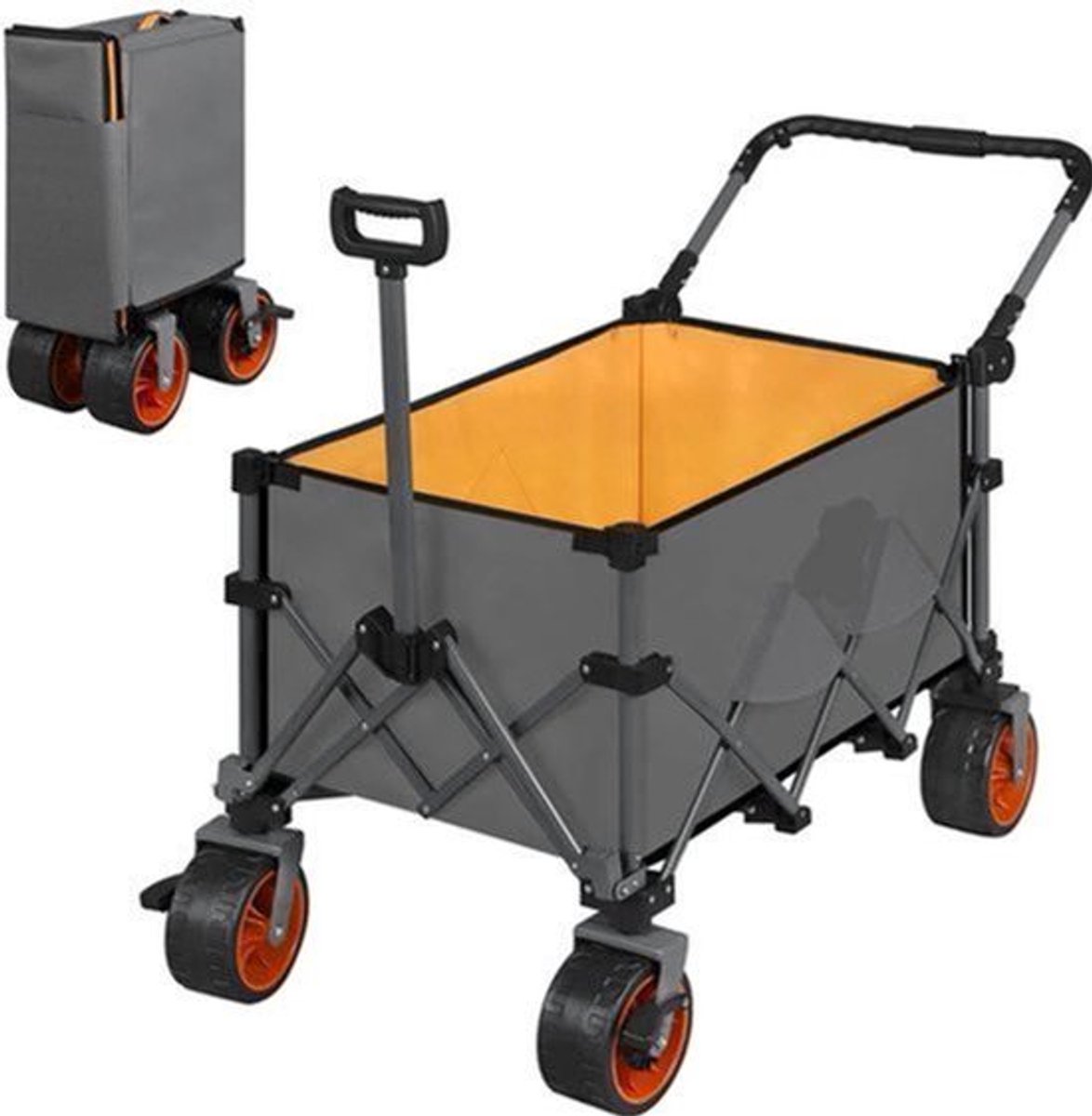 Bolderkar - Transportkar - Handkar - Bolderkar Opvouwbaar - Bolderwagen - met Remmen en Draagtas - Bolderkarren - voor Strand, Tuin, Camping en Alle Terreinen - Donkergrijs met Oranje Accenten