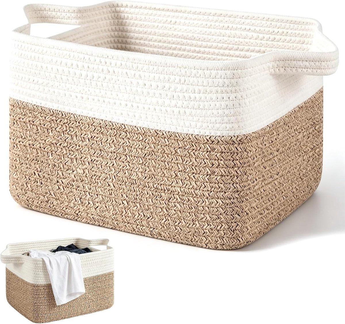 Geweven Opbergmand voor Was en Speelgoed - Katoenen Touwmand met Handvatten voor Woonkamer en Slaapkamer - 48 x 34 x 11 cm