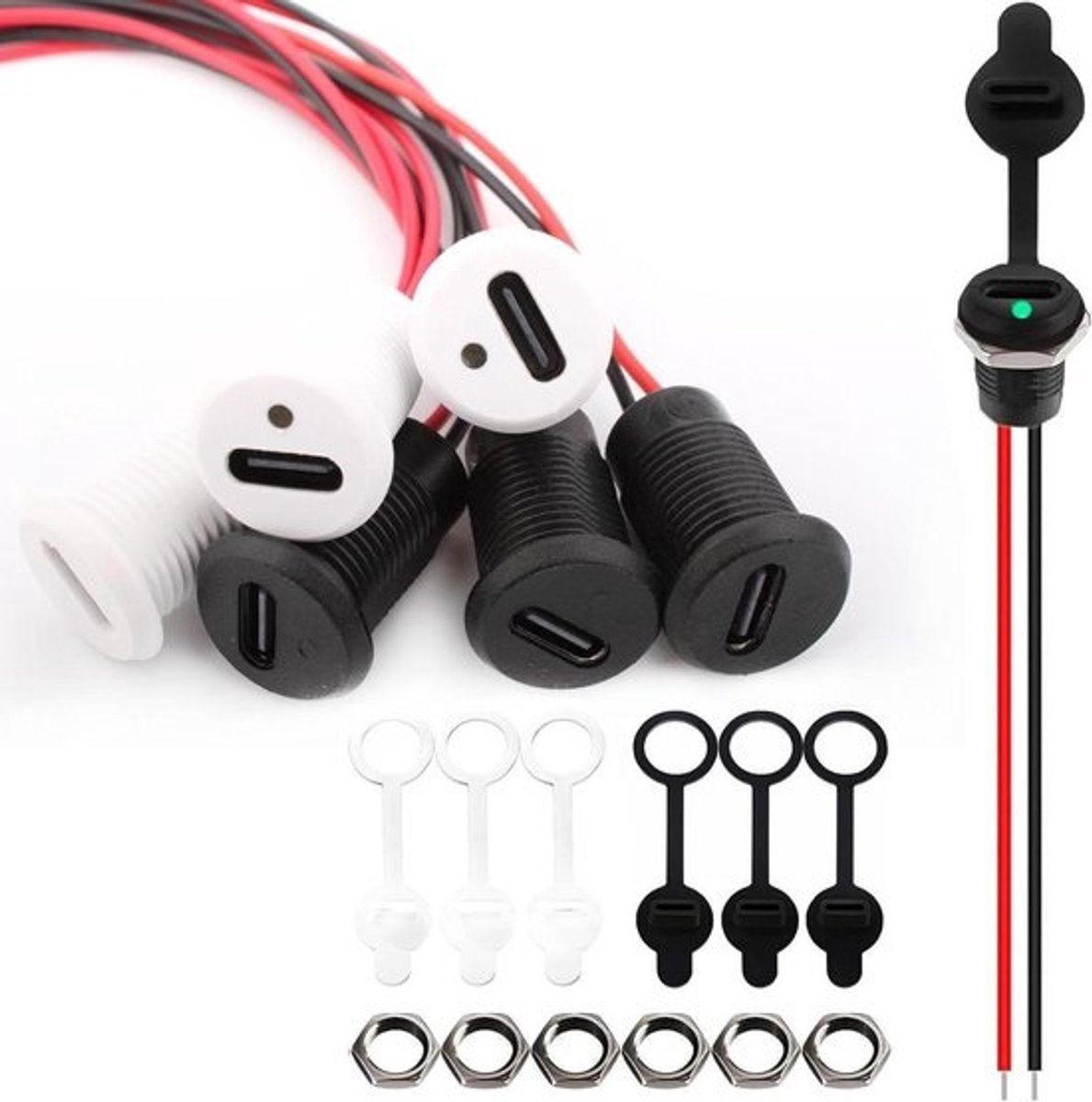 USB C Connector - USB C Plug - Stroomvoorziening Apparaten - Waterdicht Paneelmontage - 6 Stuks - Zwart Wit