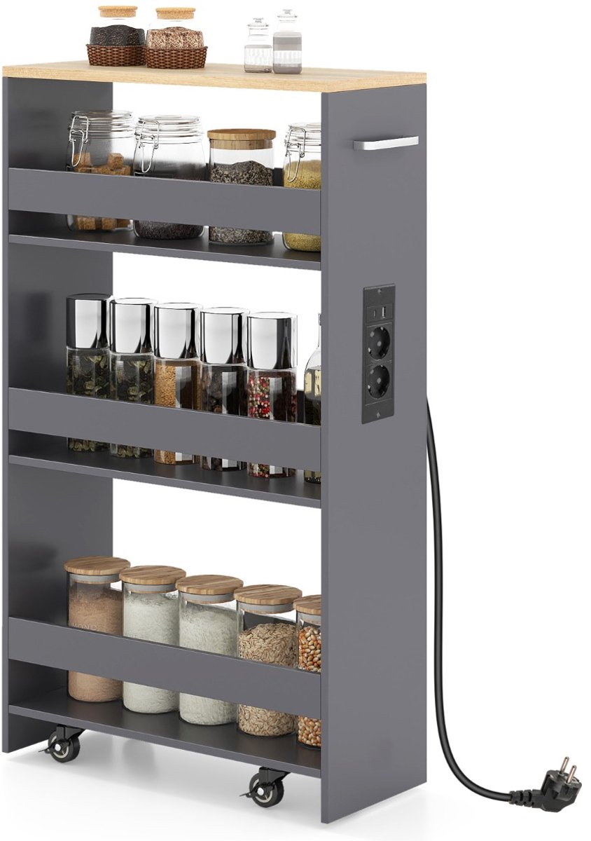 SureDeal® - Ladekast - 4-laags Trolley Smalle - Oplaadstation - Drie Open Planken - 47,5x20x80,5 cm - Grijs