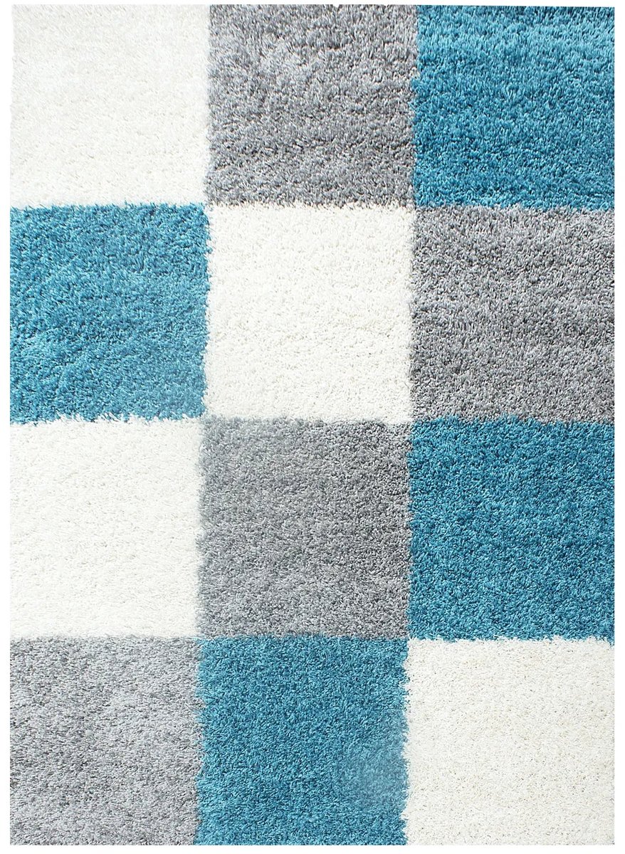 Dutch XXL Hoogpolig Vloerkleed | Tapijt | Shaggy | Life | Blokken | Turquoise | 60x110 cm