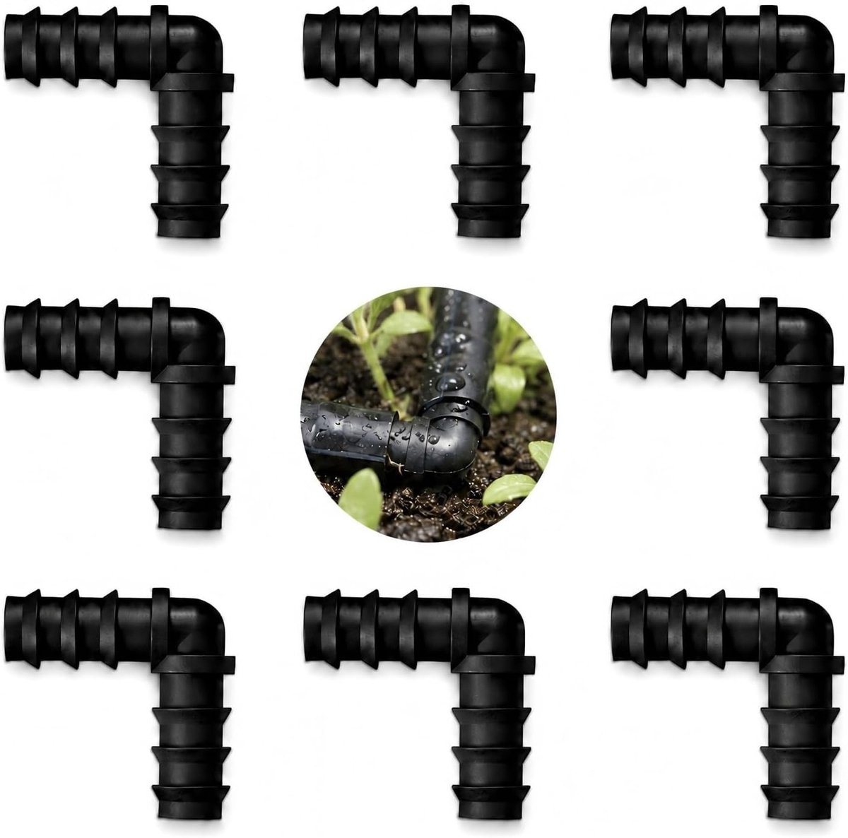 Set van 8 Stuks 16mm Drip Irrigatie Fittingen, L Vormige Slangkoppelingen, 90° Hoekverbindingen voor Tuinirrigatie, Groentetuinen en Bloembedden