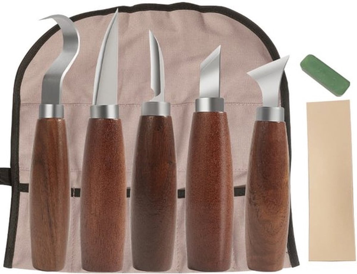 8-delige houtsnijmessenset - Beitelgereedschapset - Perfect voor beginners, houtsnijders en houtbewerkers - Met massief houten handvat - Draagbare opbergtas - Met slijpgereedschap - Zilver, natuurlijke houtkleur