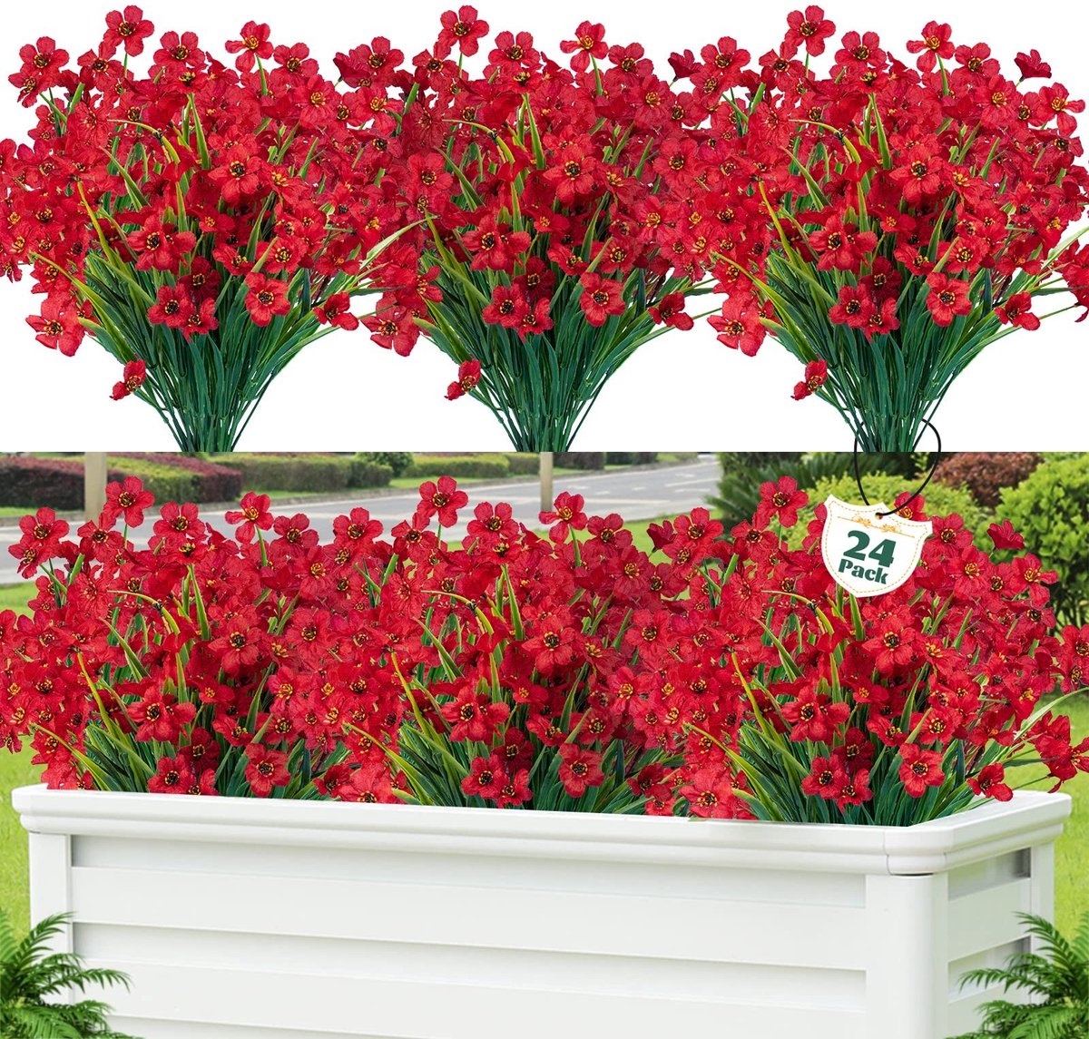 Kunstbloemen Set - 24 Bundels UV Bestendige Planten in Rood