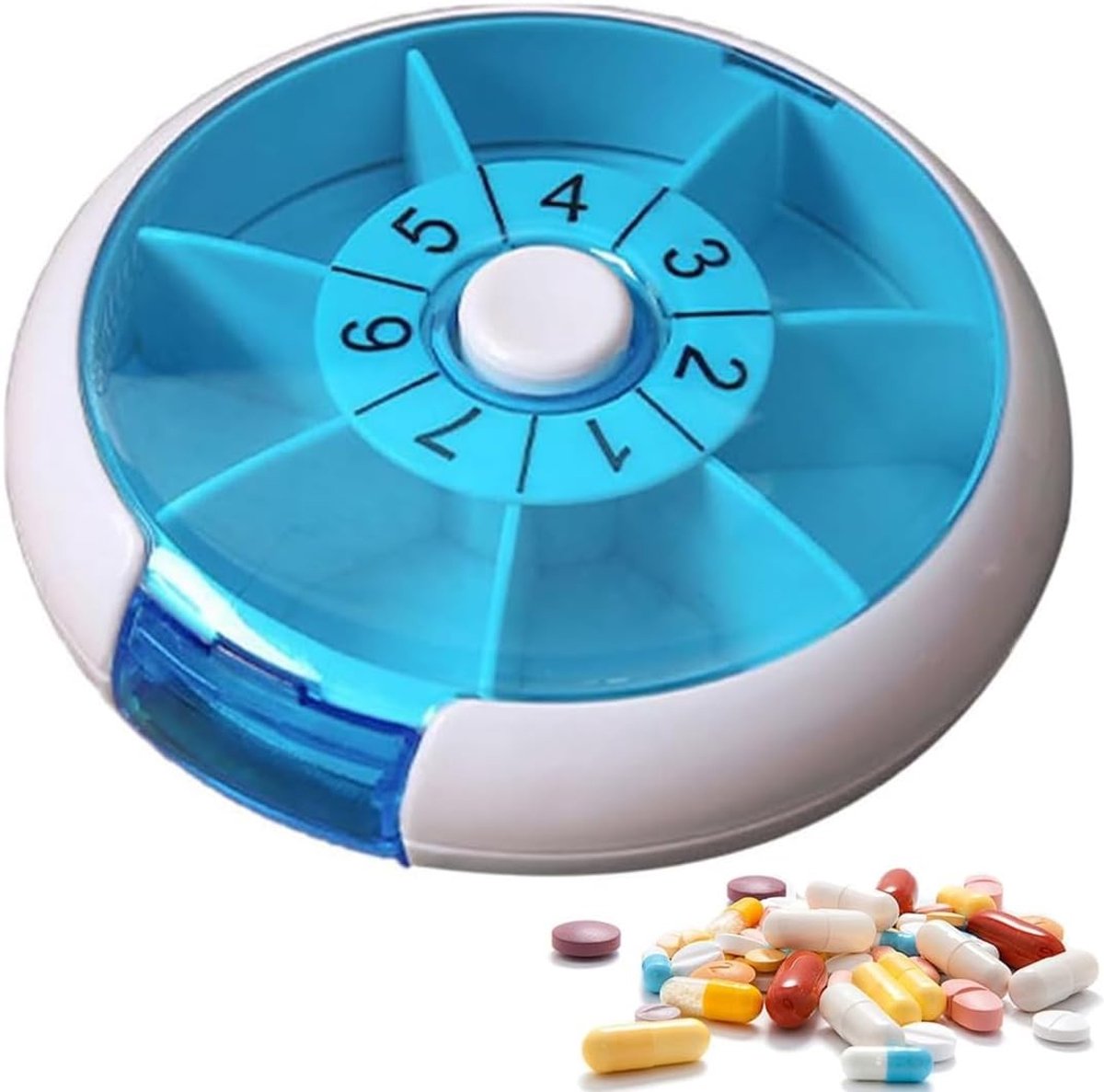 Wekelijkse pillendoos met 3 vakken, draaibaar ontwerp, 7 dagen, blauw, compact en draagbaar voor medicijnen en vitamines, afmetingen 9 x 9 x 2,2 cm