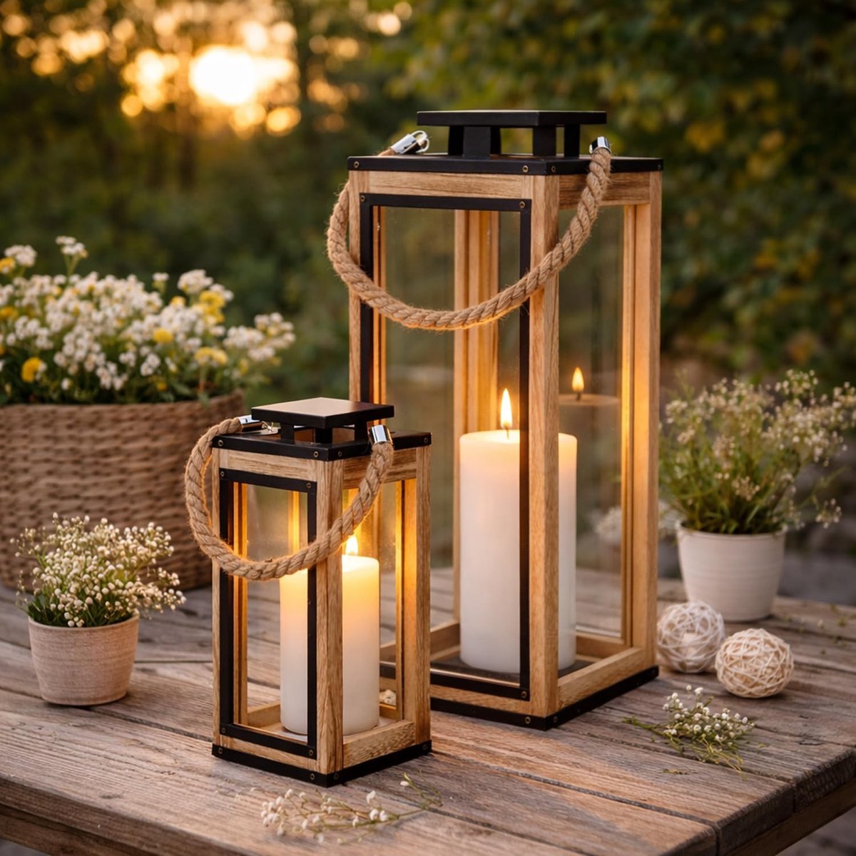 Decoratieve lantaarns set van 2 - Houten lantaarns met metalen dak voor binnen en buiten