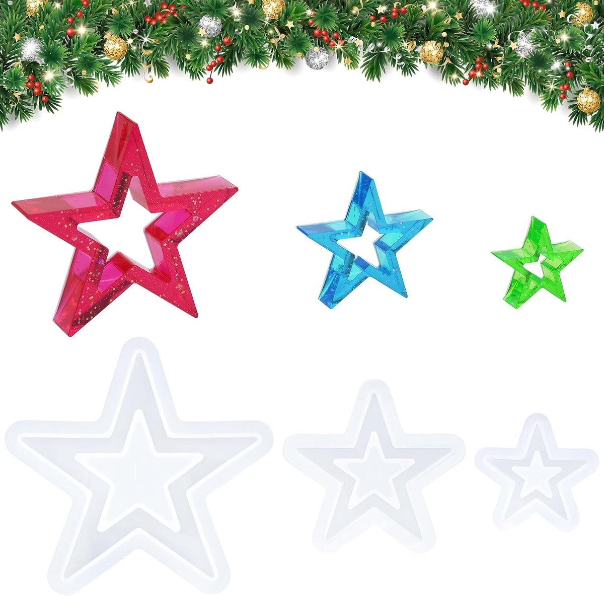 3 Stuks Siliconen Gietmallen voor Sterren, Perfect voor Kerstdecoraties en Gipsgieten