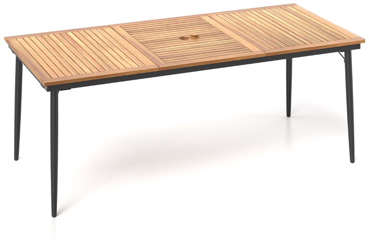 SureDeal® - Tuinmeubel - Tuintafel - Personen Buitentafel Acaciahout - Parasolgat Lamellenblad Metalen - 200x90x75 cm - Naturel en zwart