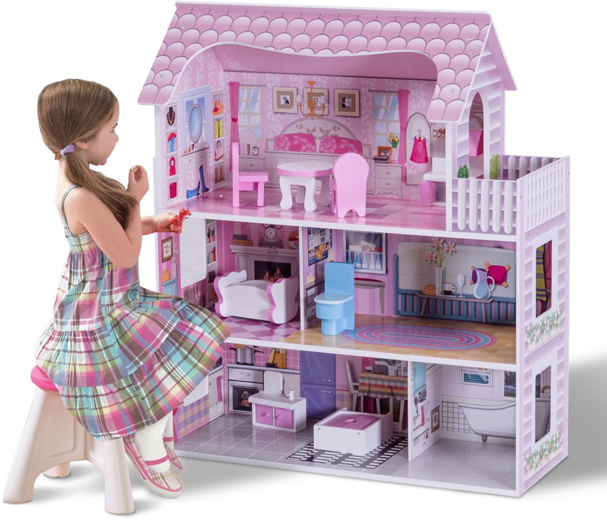 SureDeal® - Rollenspell - Houten Poppenhuis Poppenhuis - Meisje Niveaus - Meubilair - Accessoires Roze - 61x26,5x71 cm - Roze