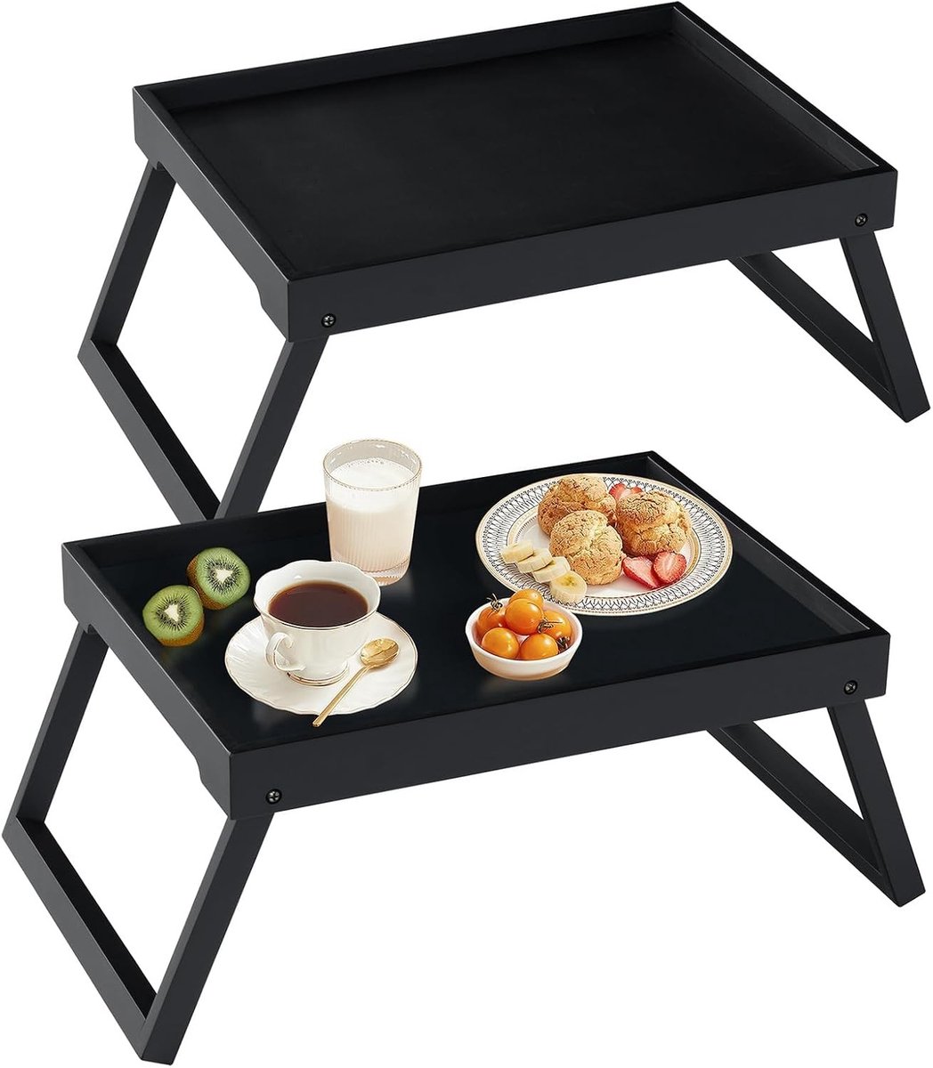 Opvouwbare Bamboe Bedtafel voor Ontbijt op Bed, Eet- en Snacktray, Ideaal voor Laptop en Sofa, Set van 2 Stuks