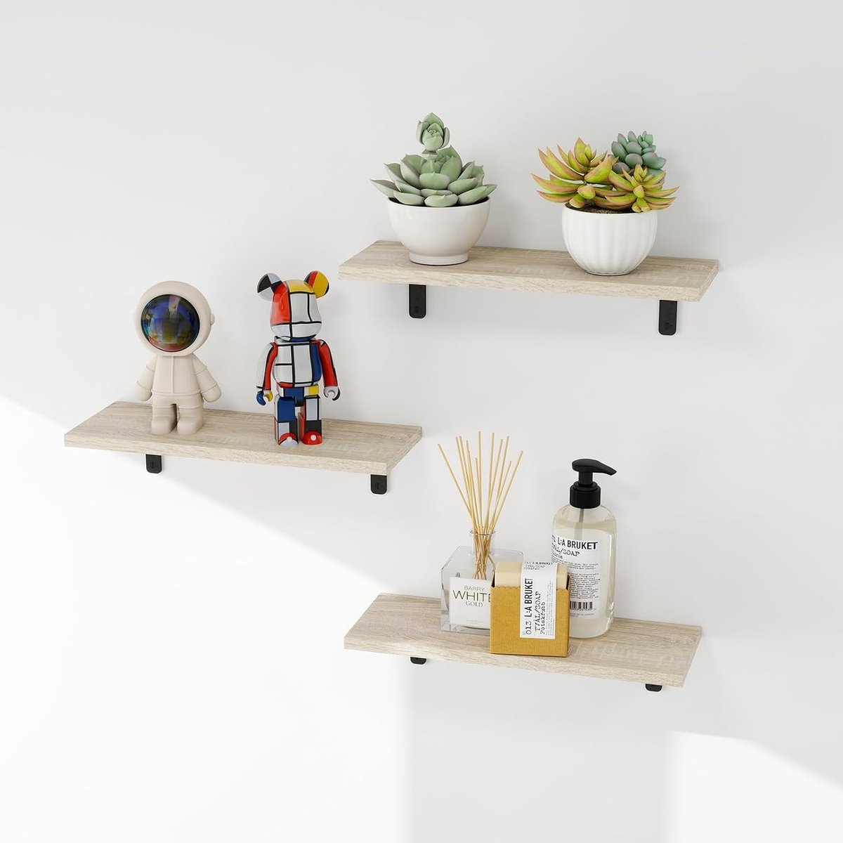 Set van 3 Houten Drijvende Planken, Decoratieve Wandplanken voor Opberging, Waterdicht en Schimmelbestendig, Ideaal voor Badkamer, Slaapkamer en Woonkamer, 40 cm