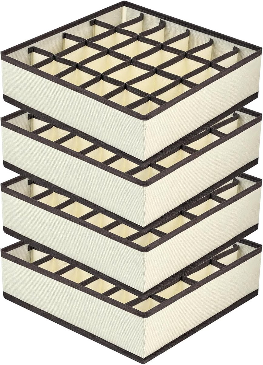 Sokken en Ondergoed Organizer met 24 Cellen - Opbergdozen voor Lingerie, Handdoeken en Stropdassen - Set van 4 in Beige