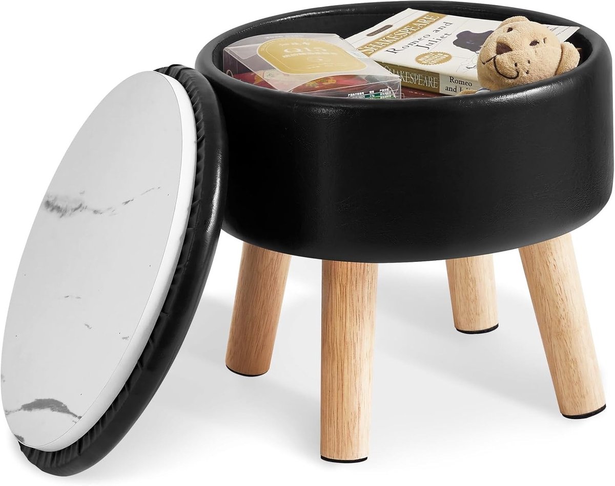 Ronde Poef met Opbergruimte, 13 Inch Ottomaanse Voetsteun, Gevuld Zitvlak en Houten Poten, Zwart PU Kunstleer voor Woonkamer en Slaapkamer