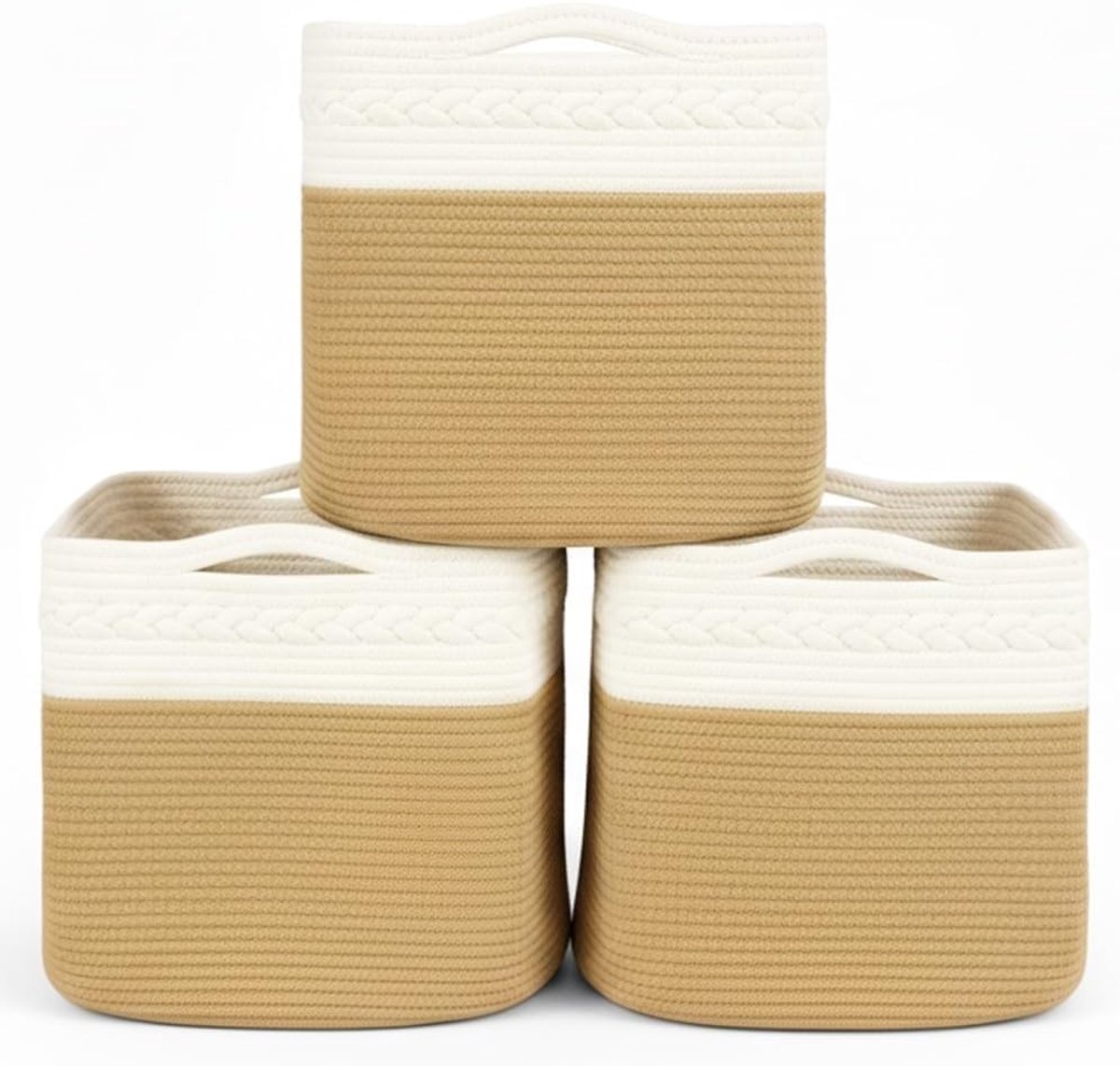 3-delige Opbergmand Set, Rechthoekige Gevlochten Mand voor Woonkamer, Kinderkamer en Badkamer, Vouwbaar met Handvatten voor Dekens en Speelgoed, Wit en Jute