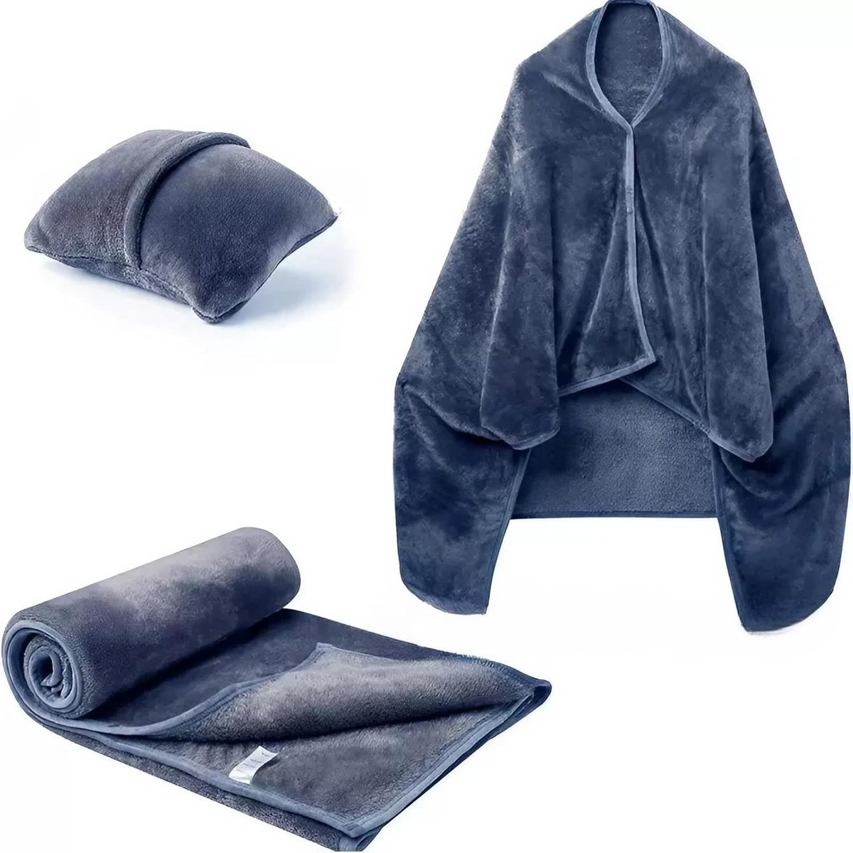 Reisdeken, Reis Kussen en Camping Gadget - 3-in-1 Poncho met Knopen voor Dames, Heren en Kinderen, Ideaal voor Auto, Vliegtuig en Strand