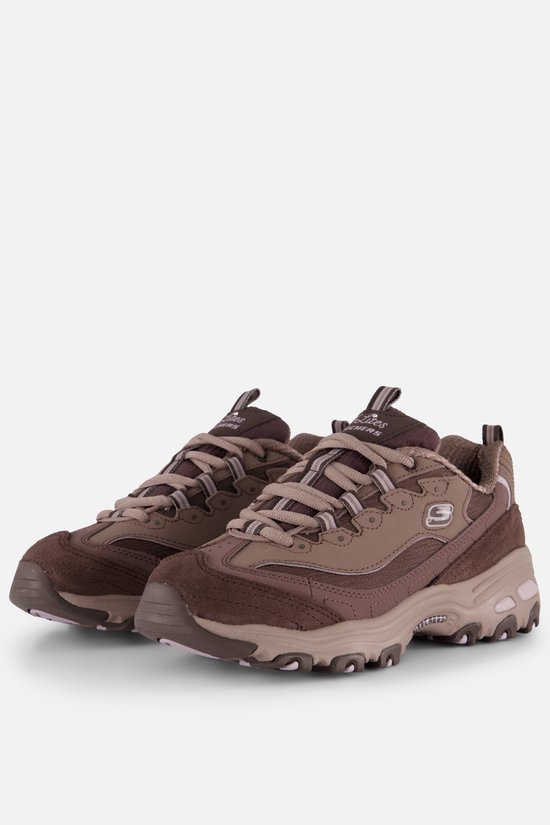 Zijaanzicht van bruine Skechers D'LITES sneakers met roze en paarse accenten, veters en een S-logo.