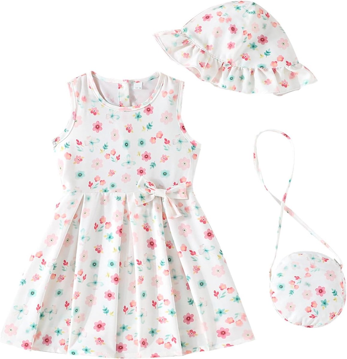 Zomerjurk voor Meisjes met Zonnehoed en Tas - Schattige Casual Mouwloze Outfit met Strik voor Baby Strandmode