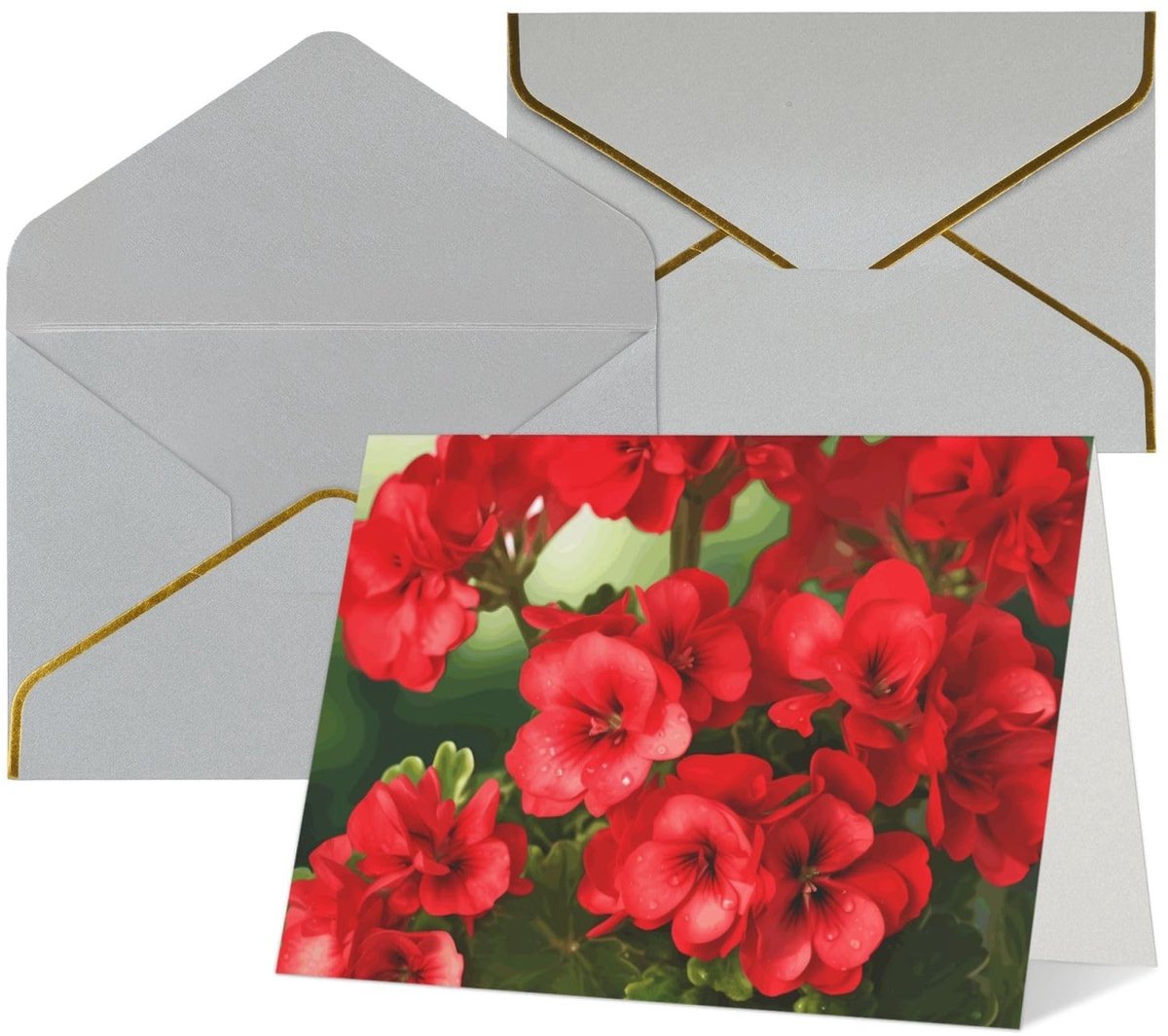 Verjaardagskaarten met enveloppen - Rode geraniums - Lichtgrijs