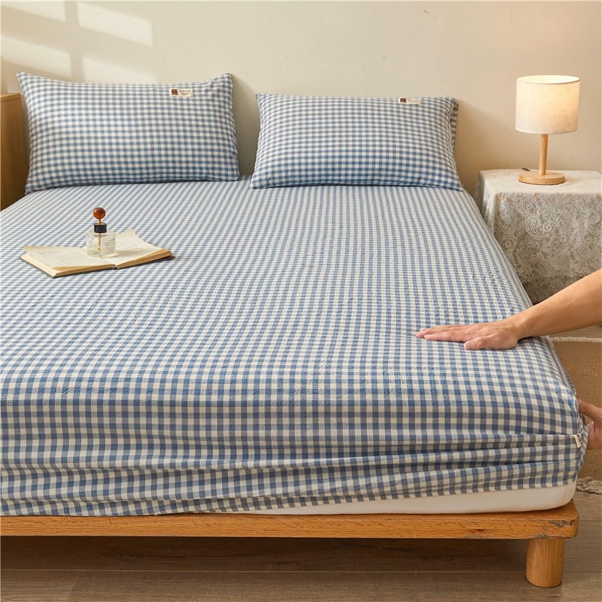 Hoeslaken voor boxspringbed 180 x 220 cm - Katoen met elastische band - Blauw geruit patroon