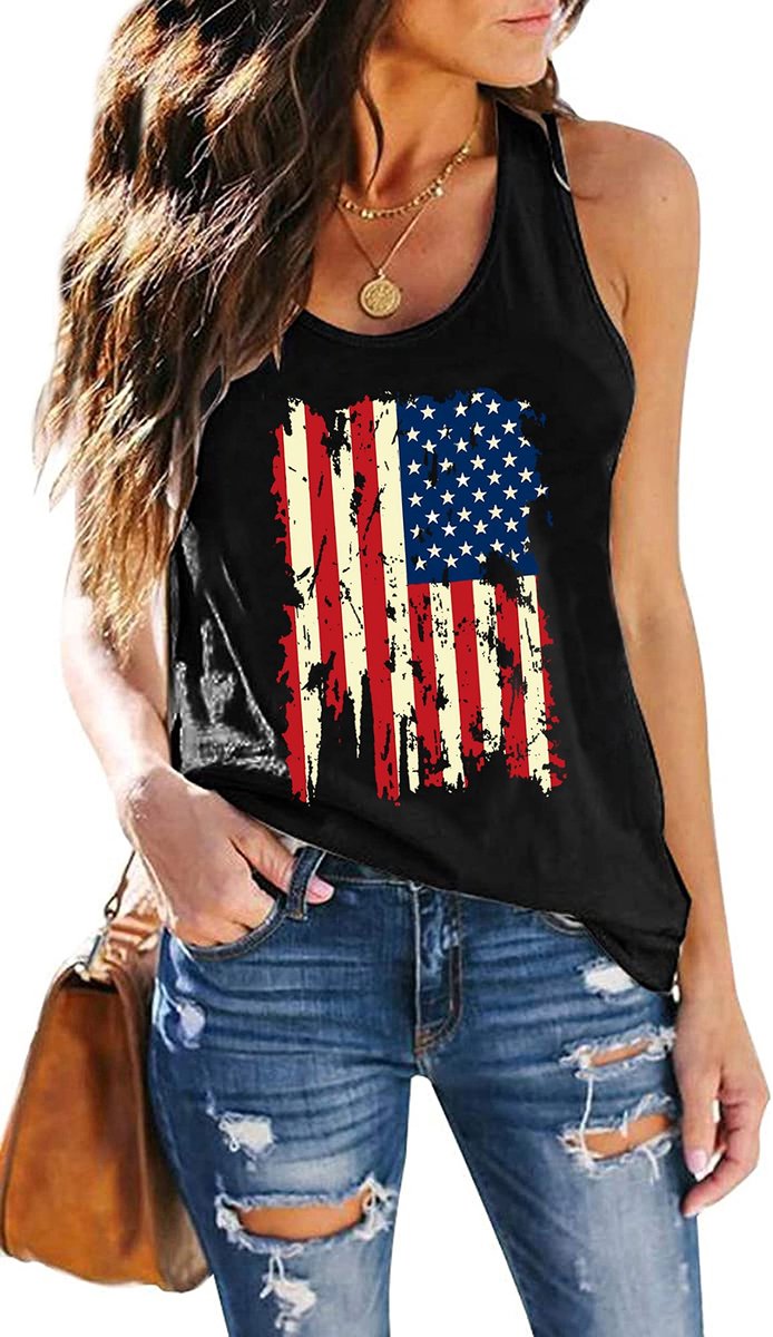Tanktop met Amerikaanse vlag - Maat Loose Fit - Zwart