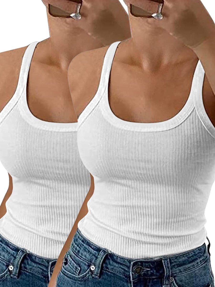 Ribbed Tanktop Dames - U-hals - Slank Fit - 2-pack Wit