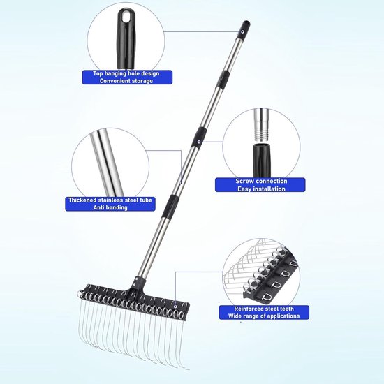 Tuinhark van 41,7 cm breed van staal met schuine veerondersteuning en zelfreinigende tanden voor bladeren, mulch, dennennaalden en gazononderhoud. — afbeelding 4
