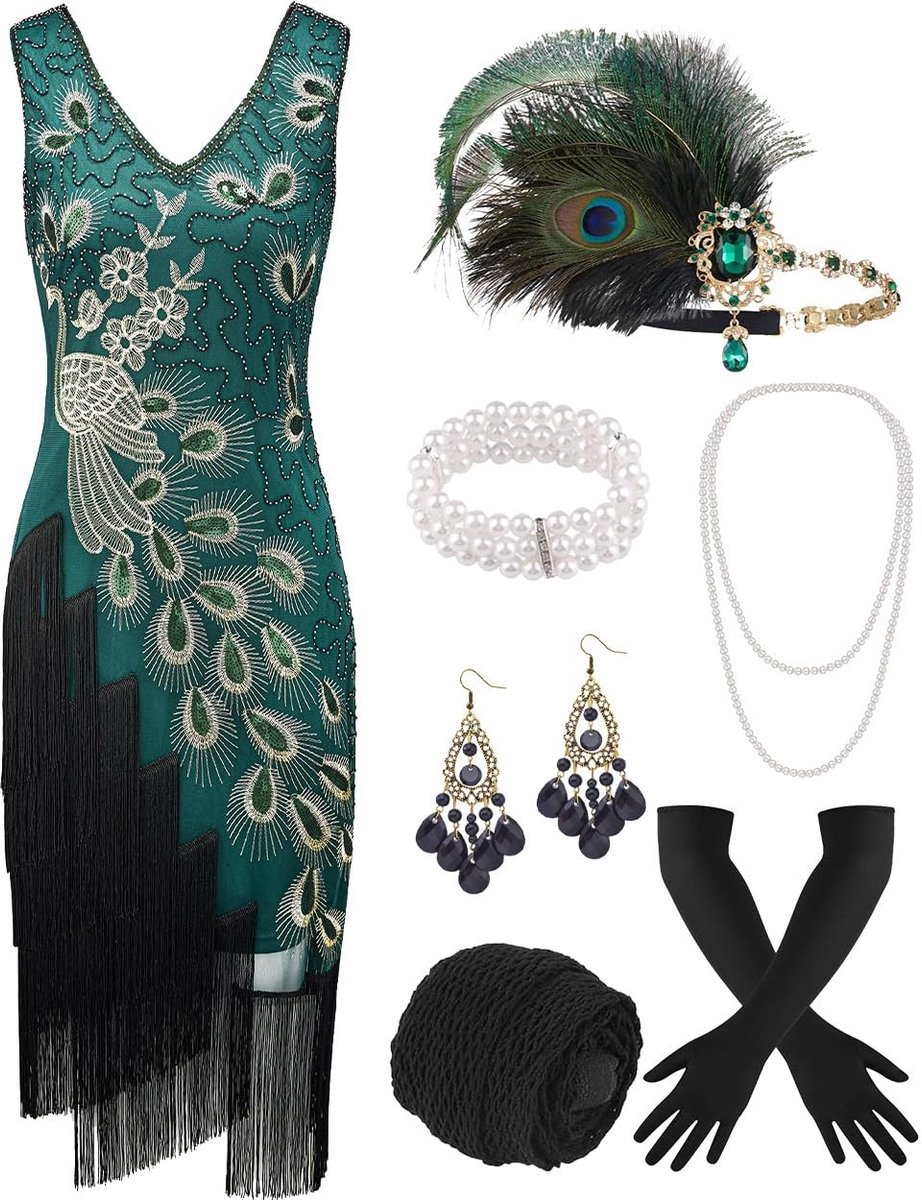 Flapper Jurk Set - 9-delige 1920s Kostuum met Accessoires - Groen