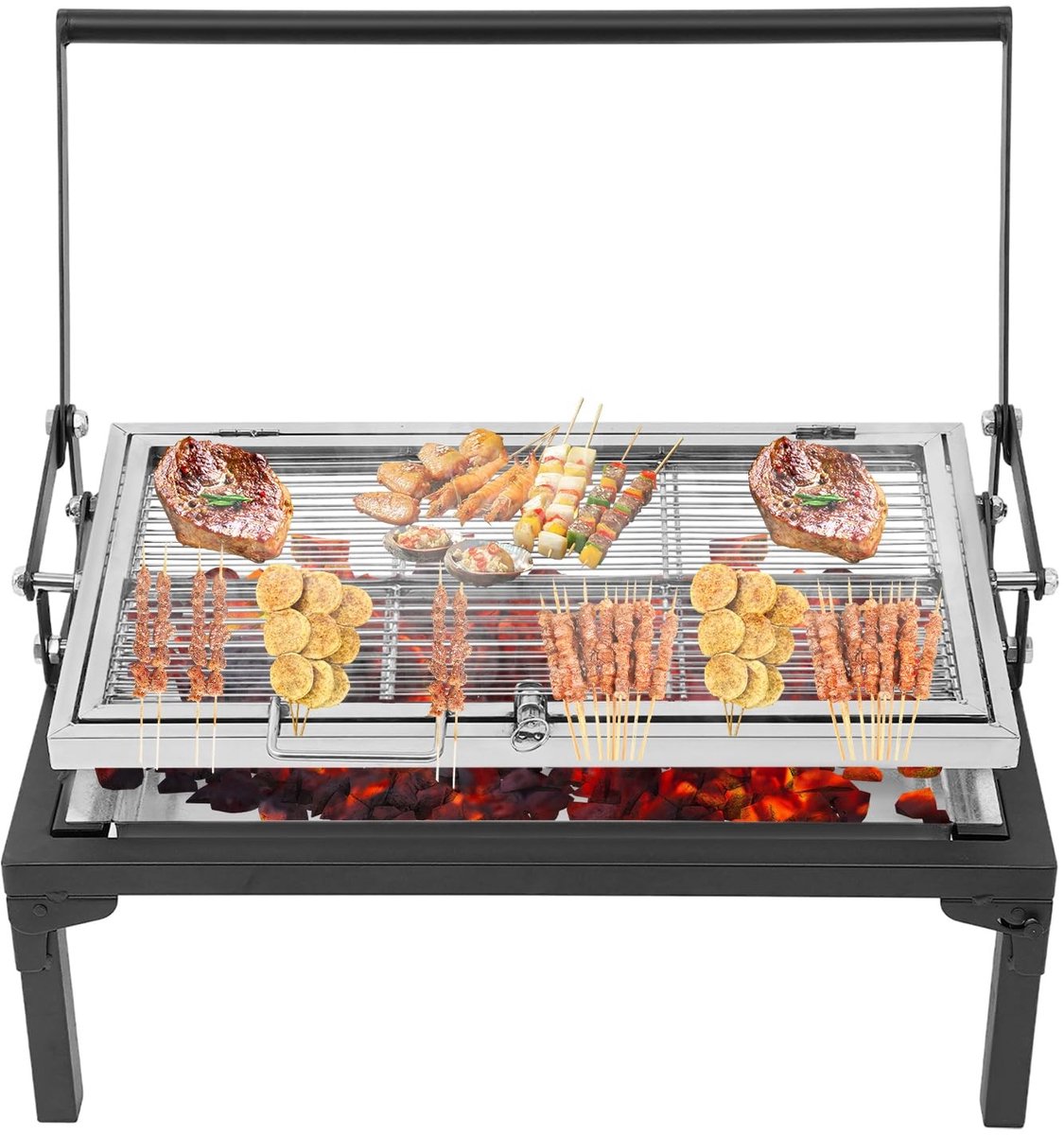 Opvouwbare Houtskool Grill - Draagbaar met 360° Draairooster - Zwart