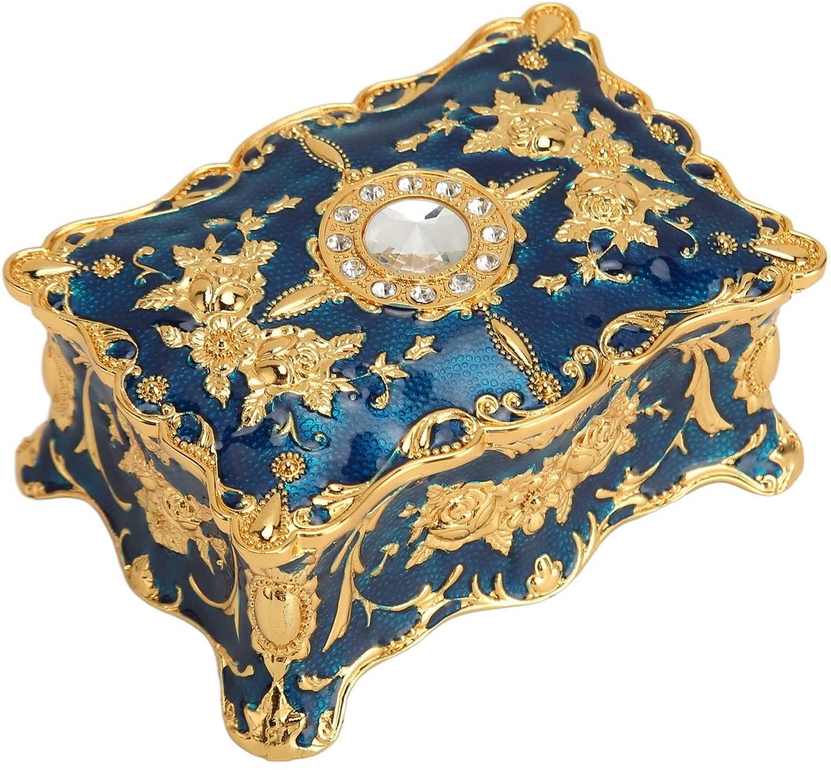 Vintage Sieraden Doos - Metaal met Velours Voering - Goud en Blauw