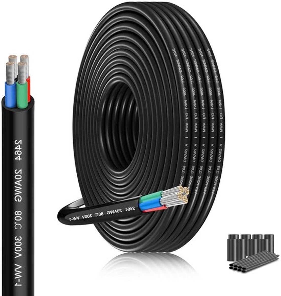 Stroomkabel 4x05 mm² - Verlengkabel Koper - Automotive Verbindingen - Lage Impedantie - 8 meter - Zwart