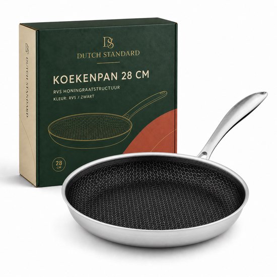 Zilverkleurige koekenpan van 28 cm met zwarte honingraatstructuur, naast de groene verpakking.