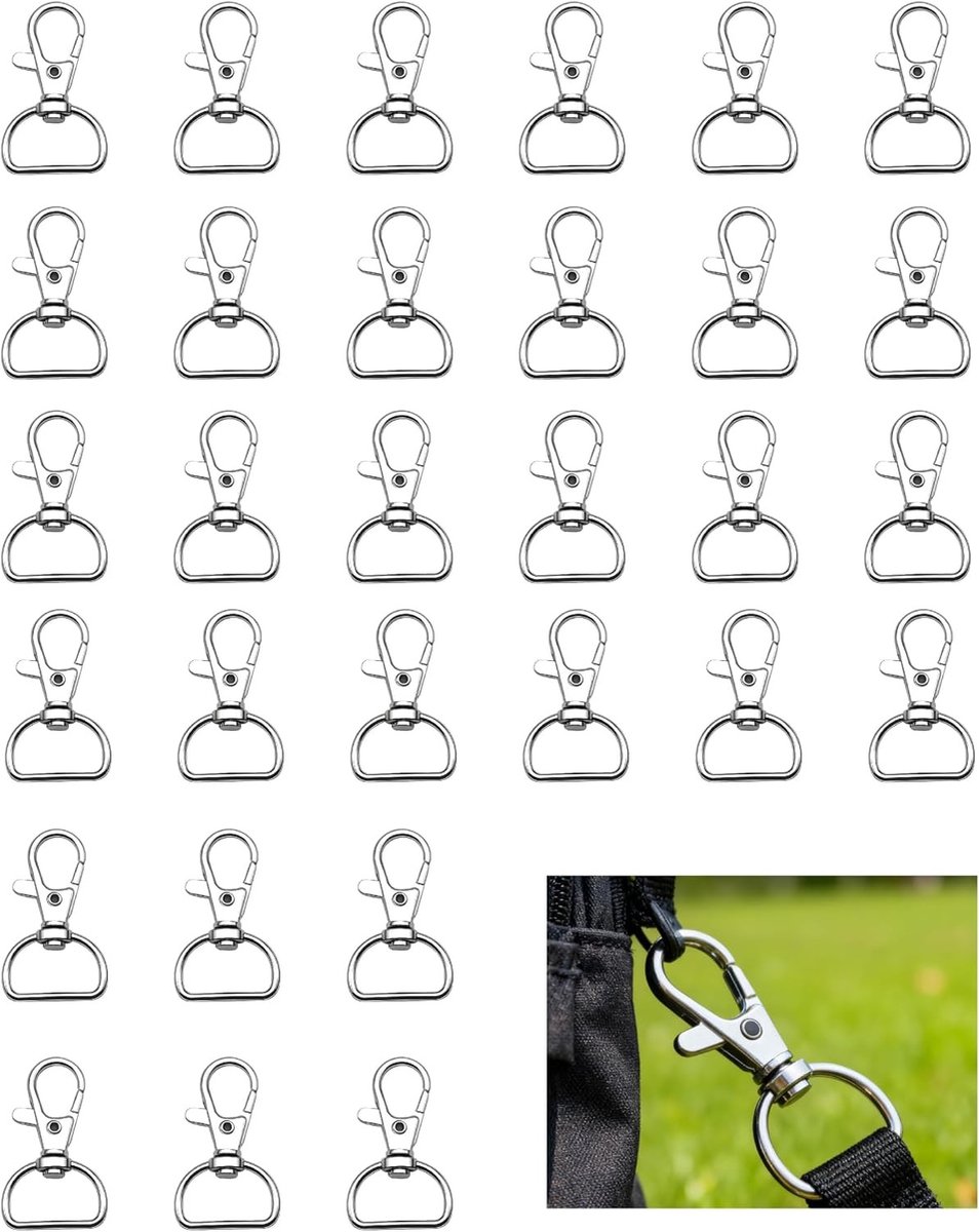 30 Stuks Sleutelhangers met D-ring, Duurzame Metalen D-Ringen en Draaihaak voor DIY Projecten, Rugzakken en Handtassen
