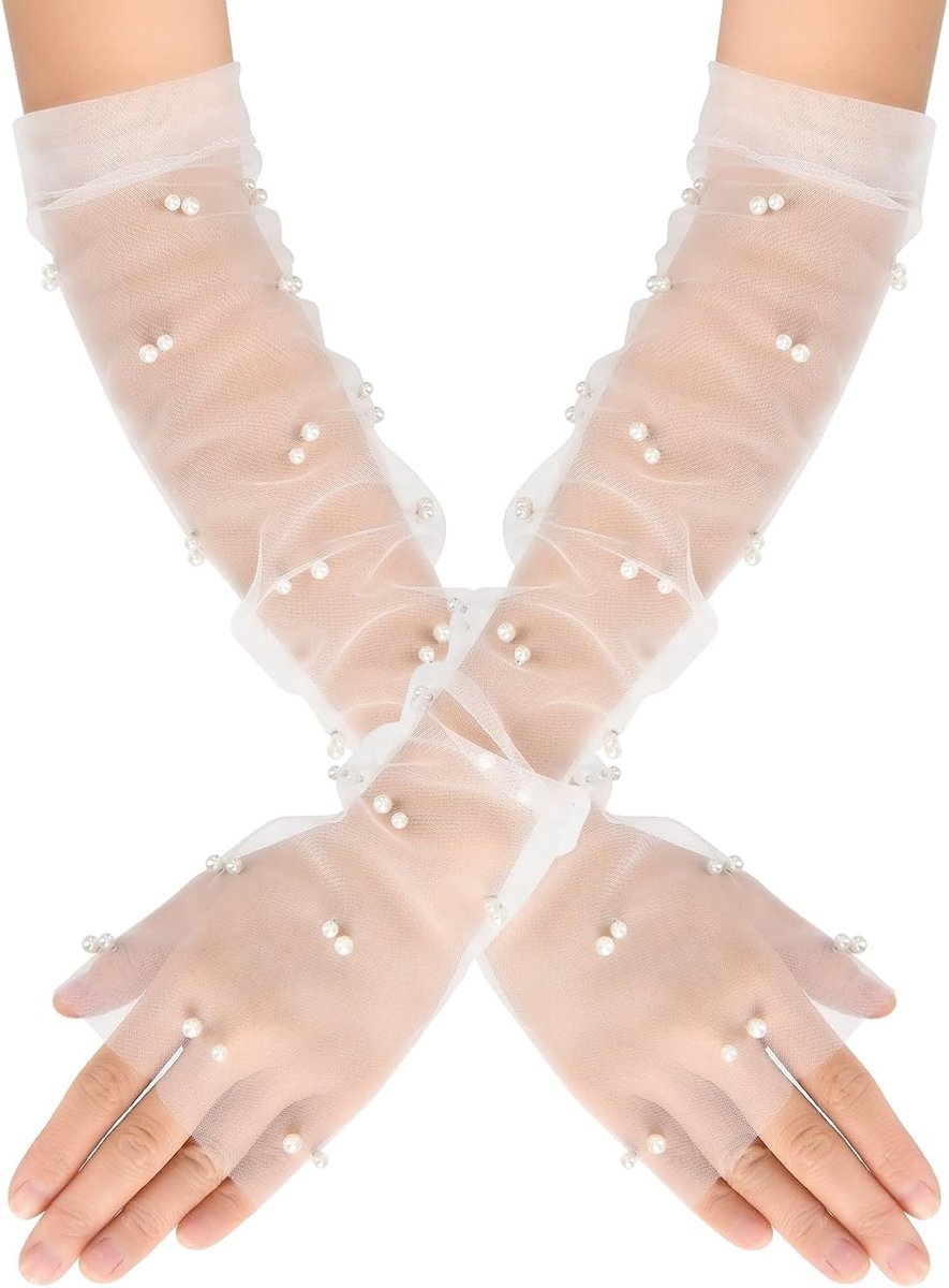 Transparante Vingerloze Handschoenen van Tule met Parels, Ideaal voor Bruiloften, Cosplay en Feestjes