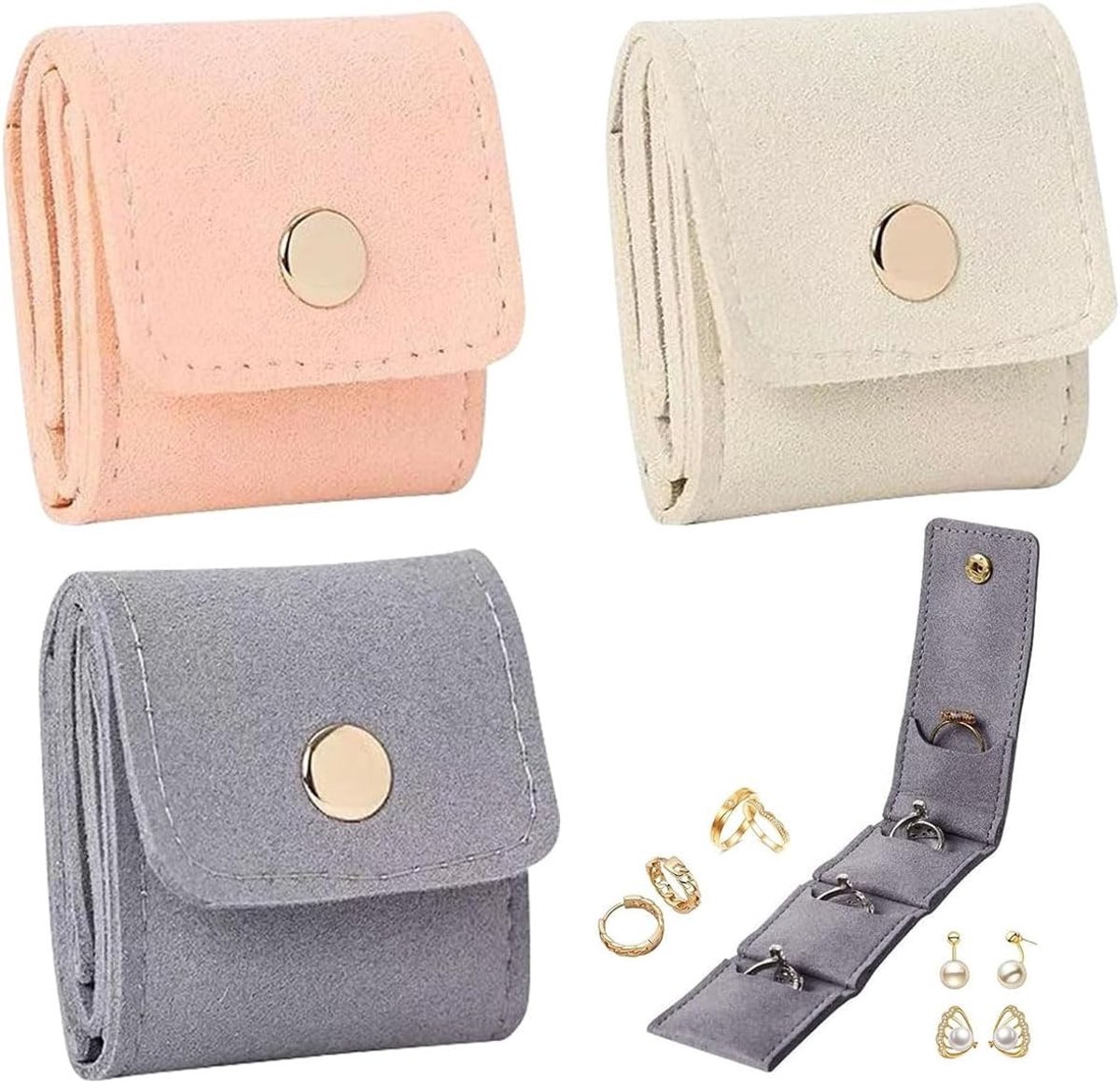 Compacte Reisjuwelendozen Set van 3, Mini Leren Juwelen Organizer, Draagbare Vouwbare Tas voor Oorbellen, Ringen en Kettingen