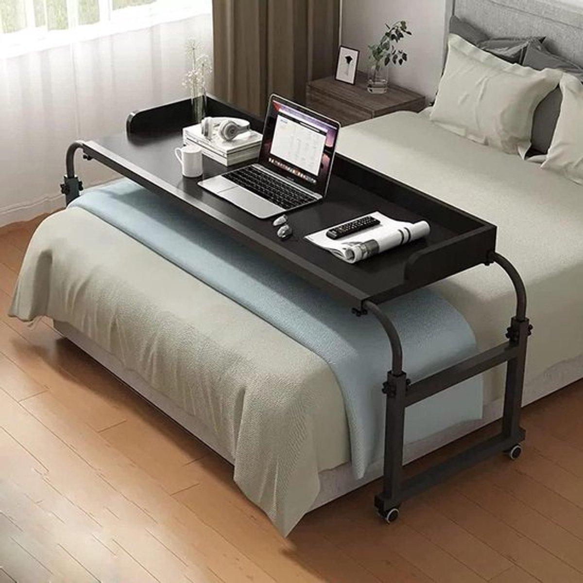 Verstelbare Bedtafel - Laptoptafel Nachtkastje - Werken in Bed - In Hoogte Verstelbaar - 120-210 cm Breed - Wit