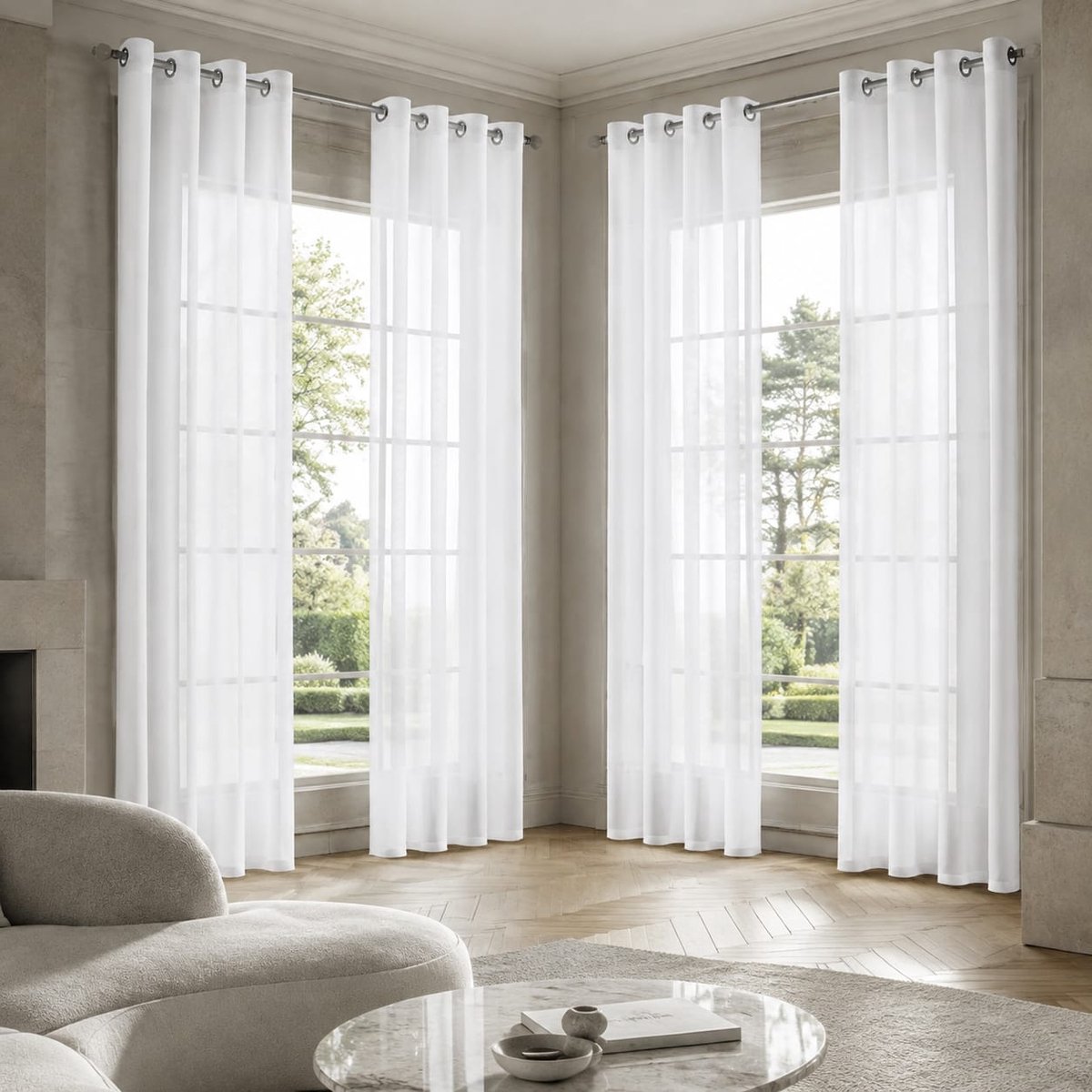 Lano&Go Set van 4 transparante voile gordijnen met ringen, 140 x 225 cm, wit