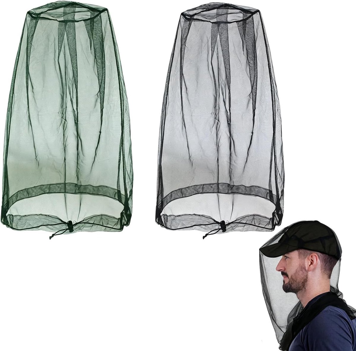Set van 2 Insectenwerende Netten voor Gezicht en Hals, Ideaal voor Vissen, Kamperen en Tuinieren, 46 x 46 cm, Zwart en Groen, Effectieve Bescherming tegen Muggen en Insecten