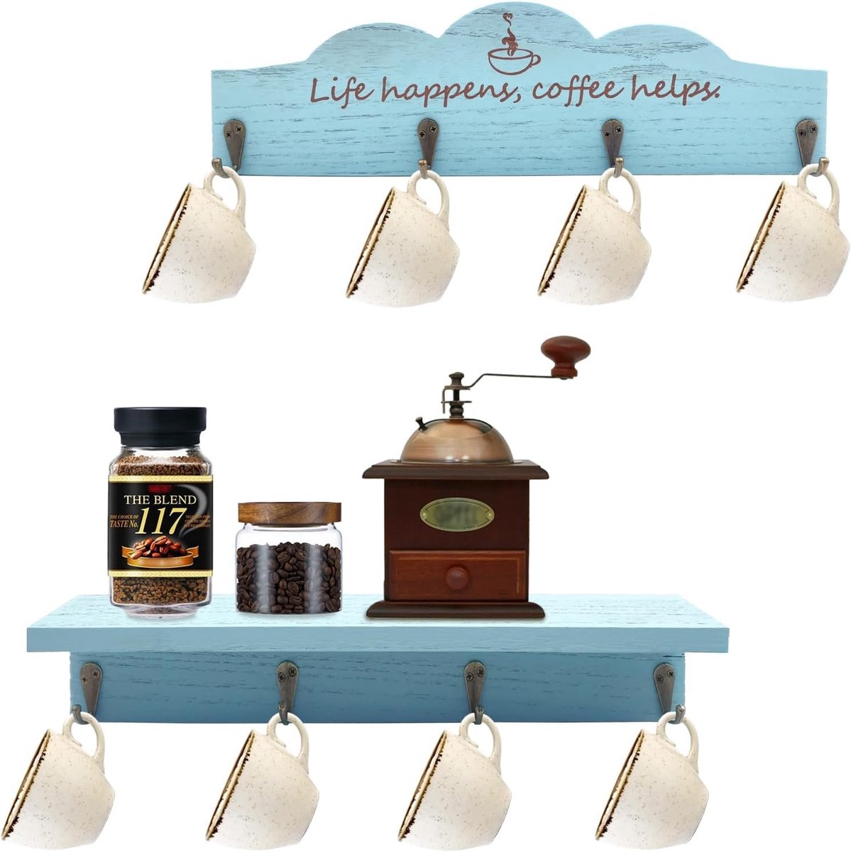 Muurbeugel voor Koffiekopjes met 8 Haken, Houten Organizer voor Koffie en Theekopjes, Decoratieve Opbergoplossing voor Keuken en Bar