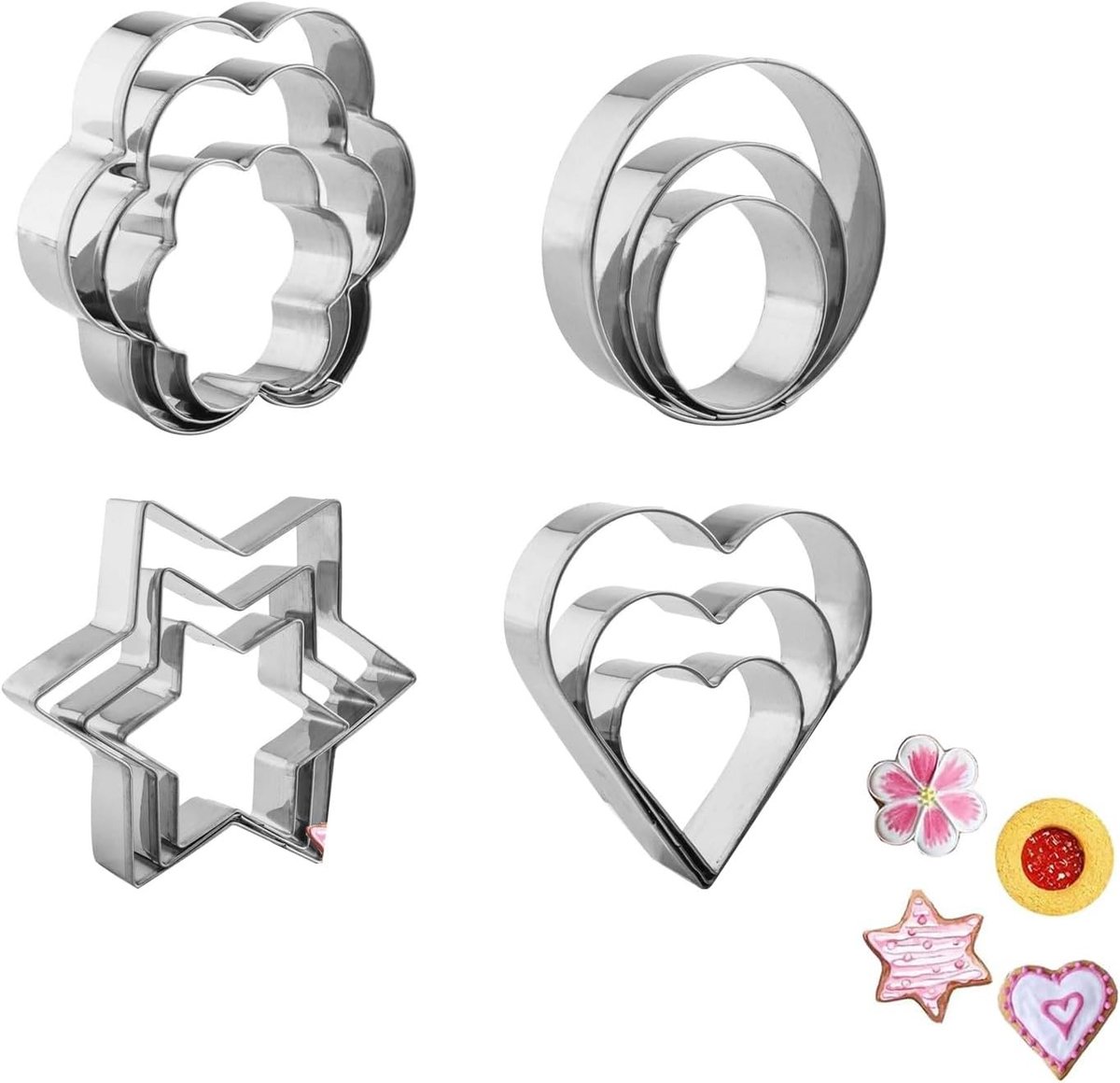 Set van 12 RVS Koekjesvormpjes voor Creatief Bakken, Diverse Vormen zoals Hart, Cirkel en Ster, Perfect voor Feestjes en Decoraties