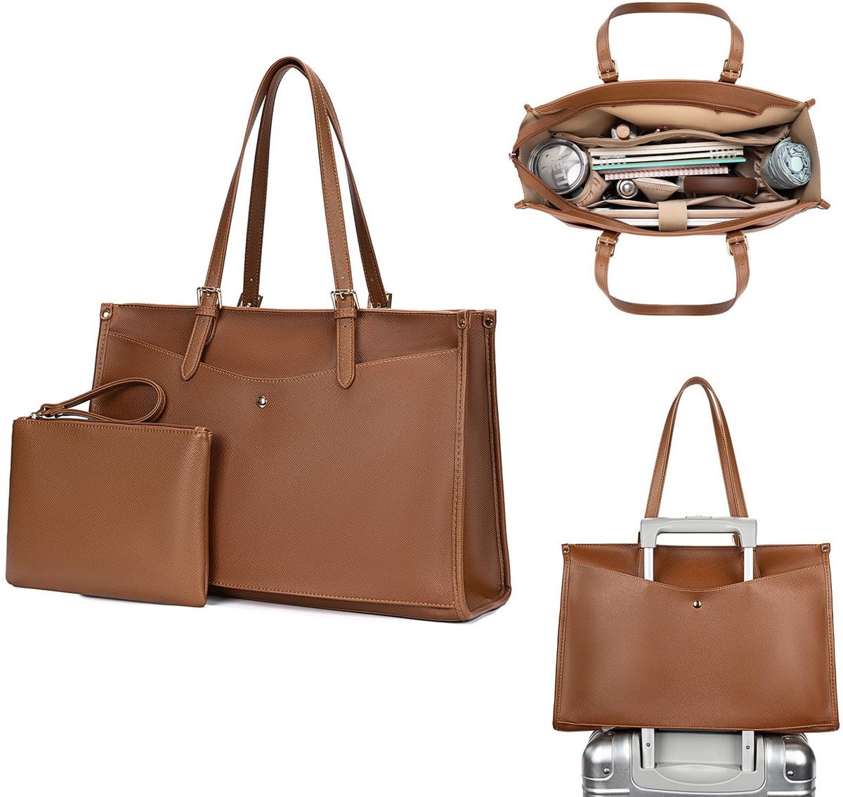 Laptop Tote Bag voor Vrouwen - Multi-Pocket met Grote Cuphouder - Bruin