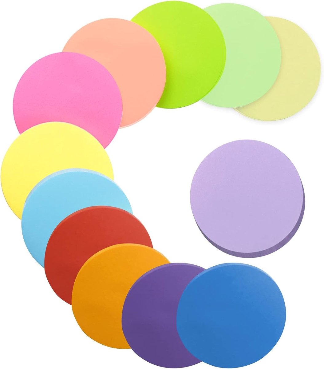 Kleurrijke zelfklevende notities in 12 kleuren, ronde notepads, super plakkende aantekeningen voor kantoor, school en thuis (600 vellen, 60 x 60 mm)