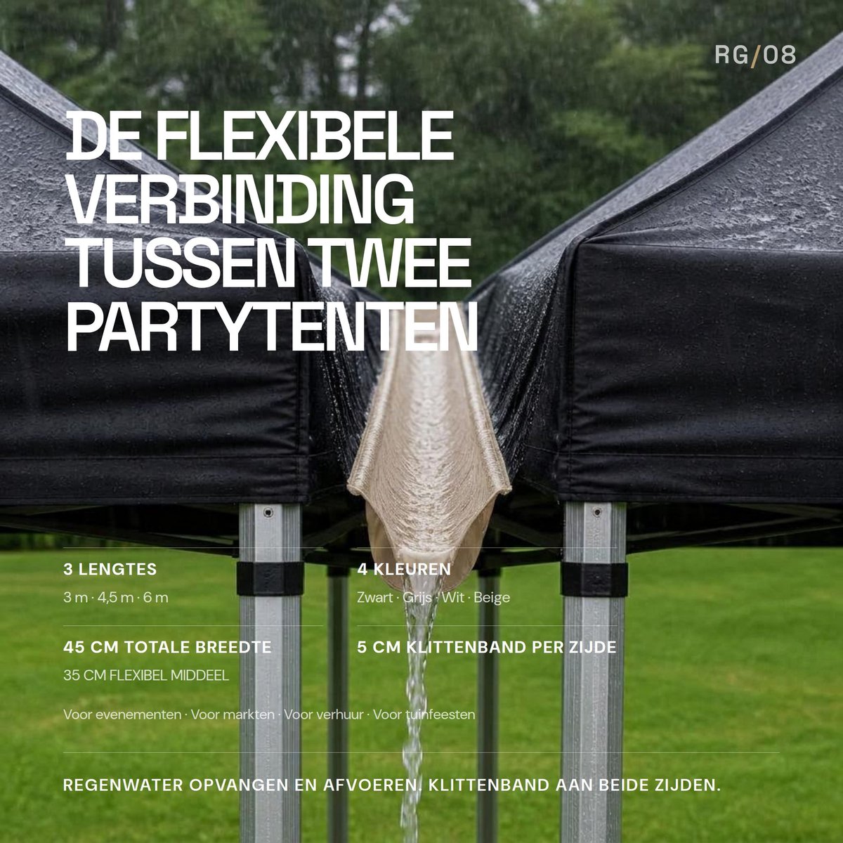 Regengoot Partytent 4,5 Meter – Regenafvoer voor Partytenten – 45 cm Breed – Klittenband Bevestiging – Crème