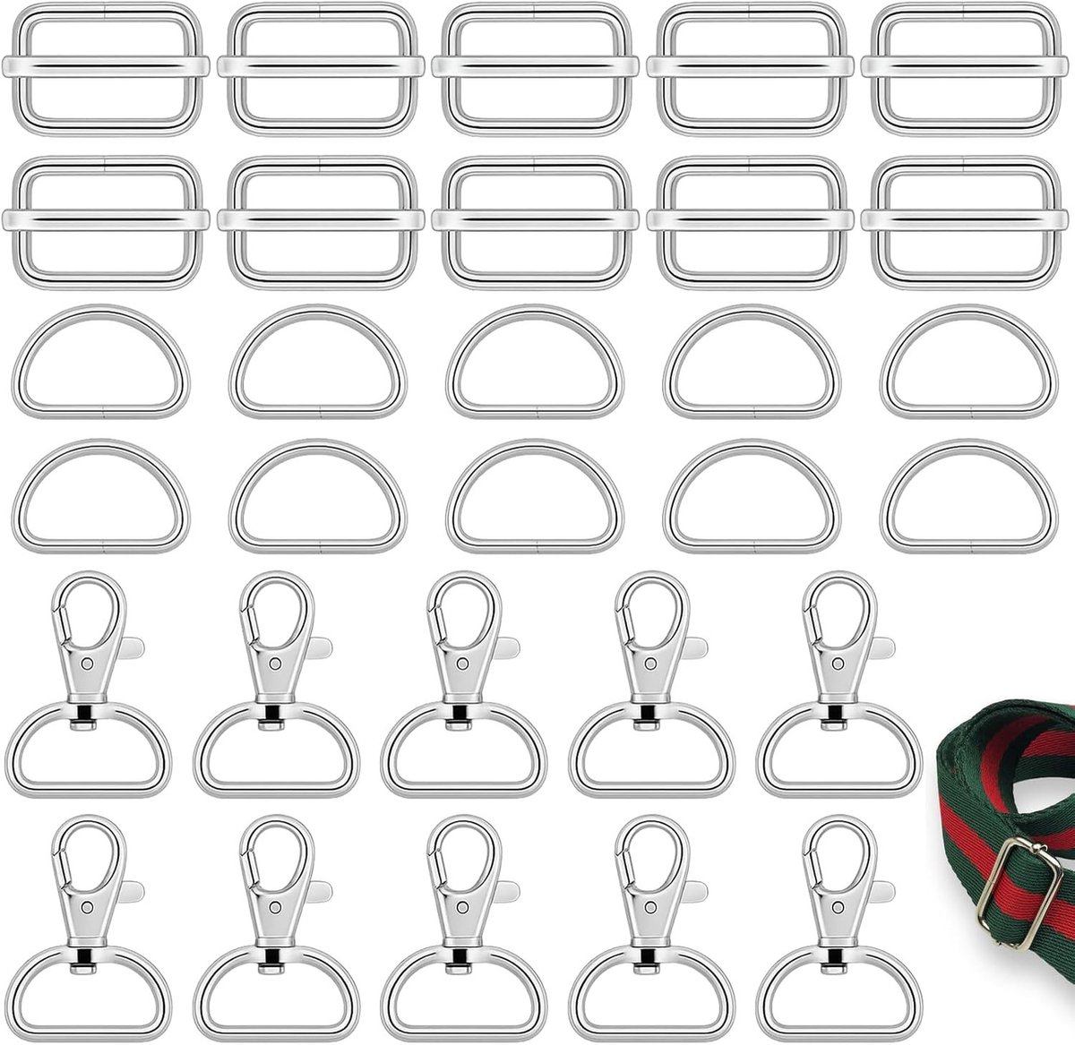 Complete 30-delige tas-accessoireset met metalen karabijnhaken, D-ringen en schuifgespen voor DIY projecten, reparatie en creatief ontwerp, robuuste ijzeren afwerking, bruin