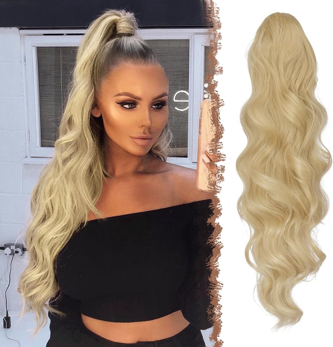 Lange Golvende Ponytail Haarstuk met Treksnoer voor Vrouwen - Synthetische Haarextensions van 60 cm in Blondes Kleuren