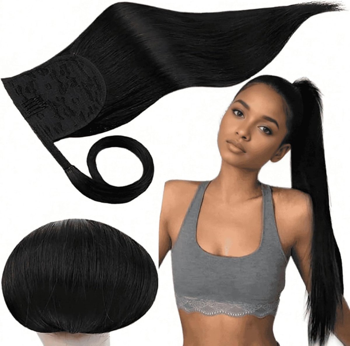 20 Inch Zwarte Clip-in Vlecht Extensions van Menselijk Haar - Rechte Ponytail 80g #1