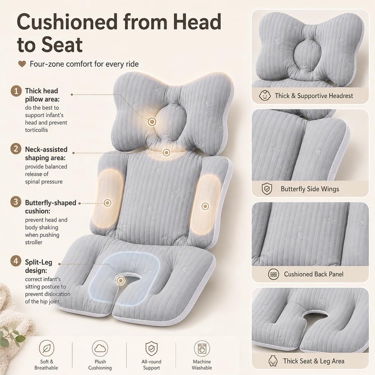 Zitverkleiner voor babyautostoeltje - Comfortabel & Zacht - Inlegkussen Kinderwagen - Stoelverkleiner baby - Baby zitkussen - Kussen voor Babystoel - Stoelverhoger - Autostoel - Veilig reizen - Wasbaar - Voor kinderwagen, autostoel, kinderstoel thumbnail 6