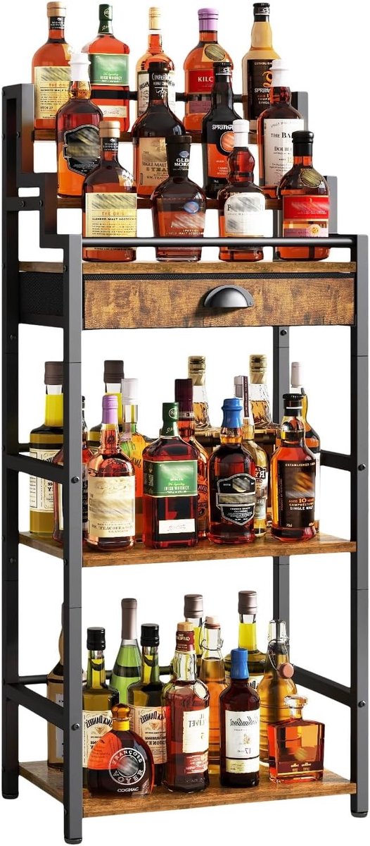 Vrijstaande Wijnrek met Lades en Whiskey Tentoonstellingsrek - Trapezium Flessenhouder voor Woonkamer en Eetkamer in Bruin - Perfect voor Wijnliefhebbers en Baraccessoires