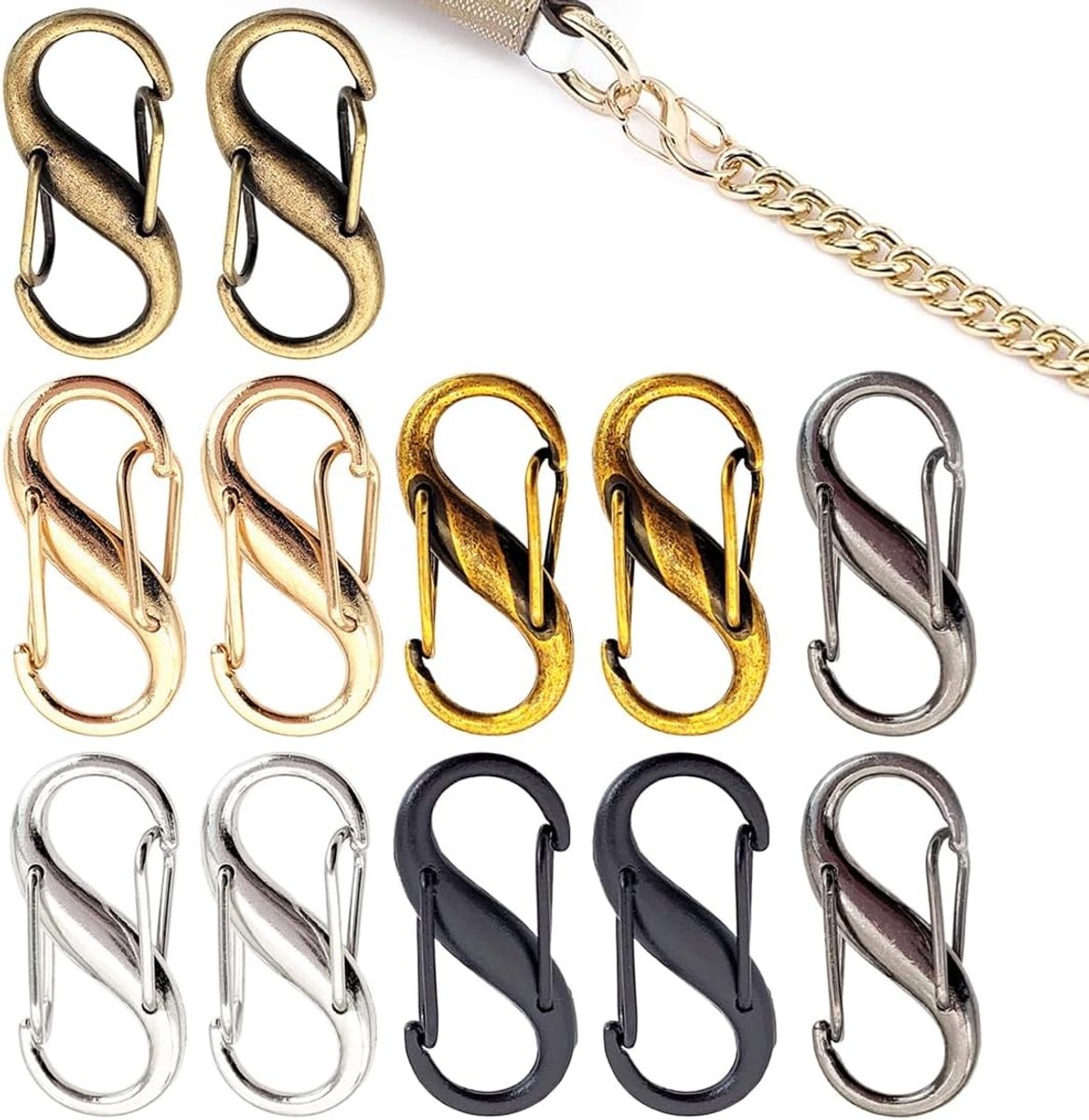 S-vormige veerhaak karabijnhaak met achtste gesp voor tassen, rugzakken en sleutelhangers - Set van 12, ideaal voor outdoor en campinggebruik